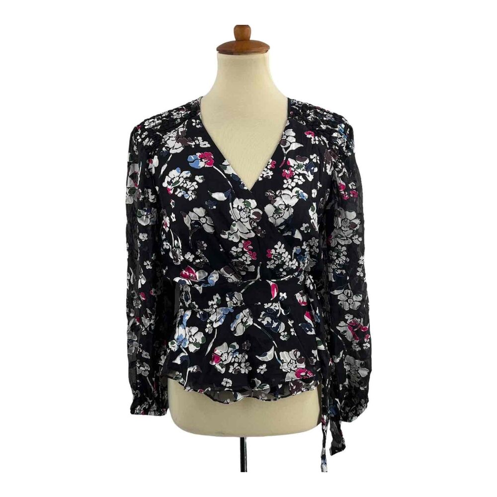 Parker‎ Black Floral Long Sleeve Wrap Tie Closure Blouse Womens Size Small (est)